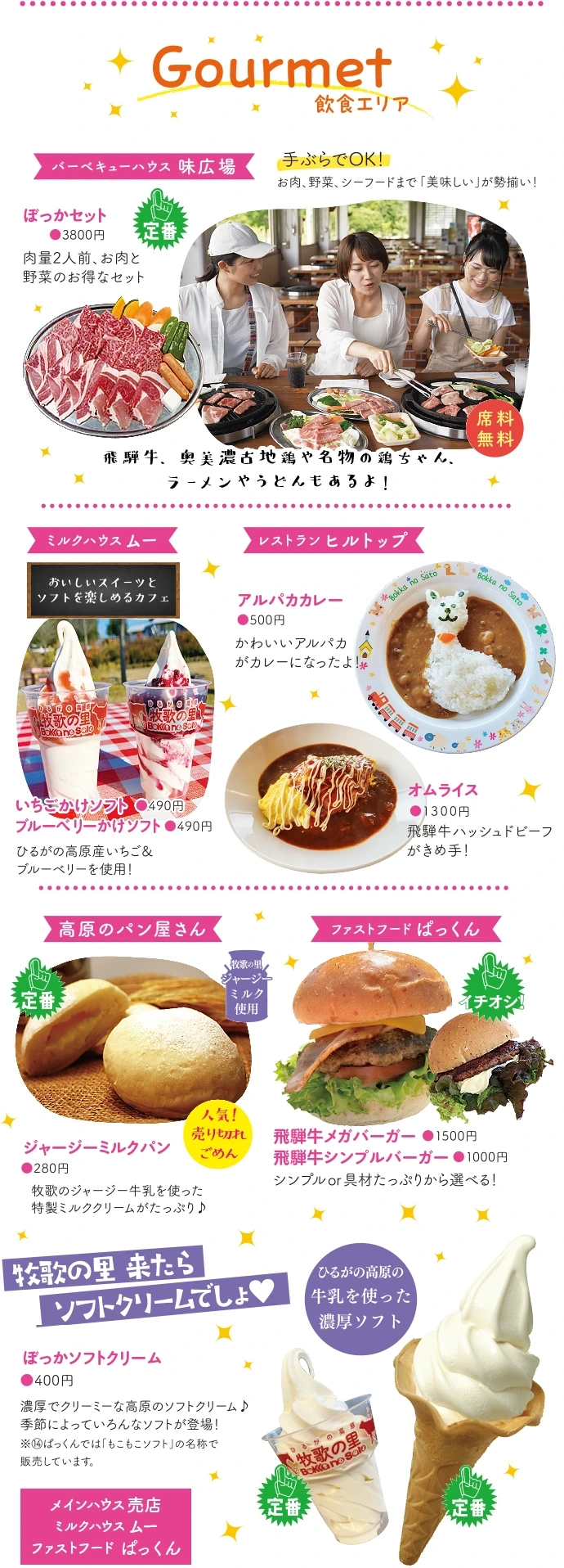 グルメ - 「味広場」で手ぶらでOKなバーベキュー、園内各飲食店では、「いちごかけソフト」「飛騨牛メガバーガー」「アルパカカレー」超定番「ぼっかソフトクリーム」など、旬の食材を使用したおいしいグルメがいっぱい！